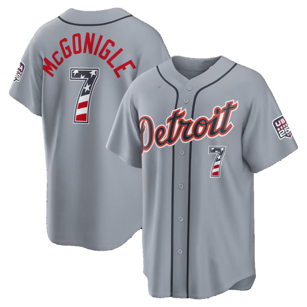 Detroit Tigers #7 Kevin McGonigle Gray RONA USA 250 Fourth of July Road Stadium Jersey