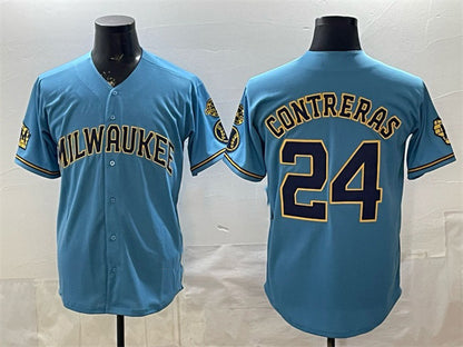 Milwaukee Brewers #24 William Contreras Blue RONA With Home & Bob Uecker Patch Stitched Jersey