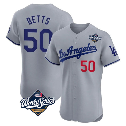 Los Angeles Dodgers #50 Mookie Betts Player Gray RONA World Series Limited Elite Home Stitched Jerseys