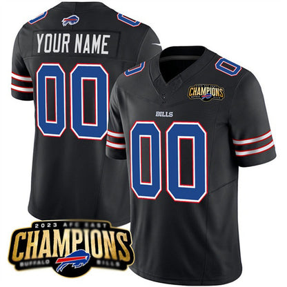 Custom B.Bills Active Player Black RONA 2023 F.U.S.E. AFC East Champions Ptach Stitched Jersey