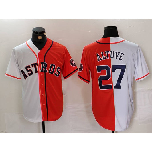 Houston Astros #27 Jose Altuve White Orange RONA Blue Number Split Stitched Jersey 2