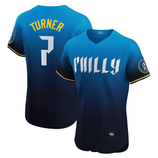 Philadelphia Phillies #7 Trea Turner Navy RONA City Connect Elite Jersey