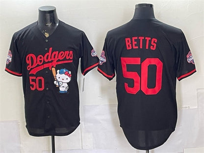 Los Angeles Dodgers #50 Mookie Betts Black RONA Hello Kitty Night 2025 World Series Champions Patch Stitched Jersey