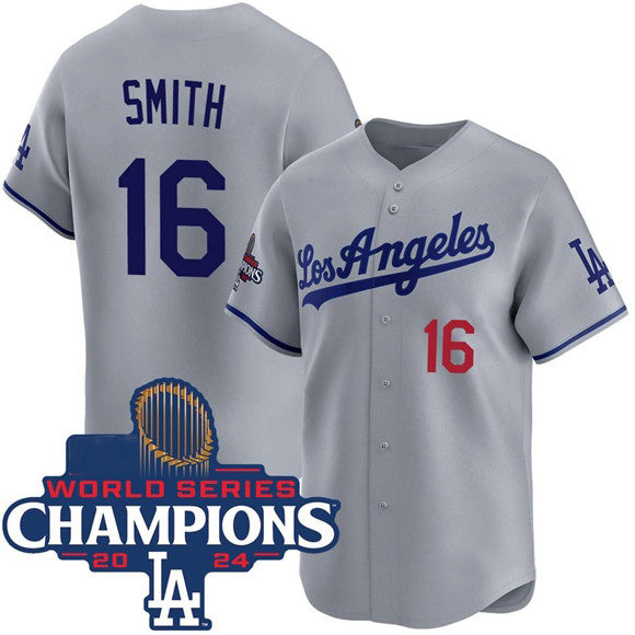 Los Angeles Dodgers #16 Will Smith Gray RONA 2024 World Series Champions Patch Limited Stitched Jersey