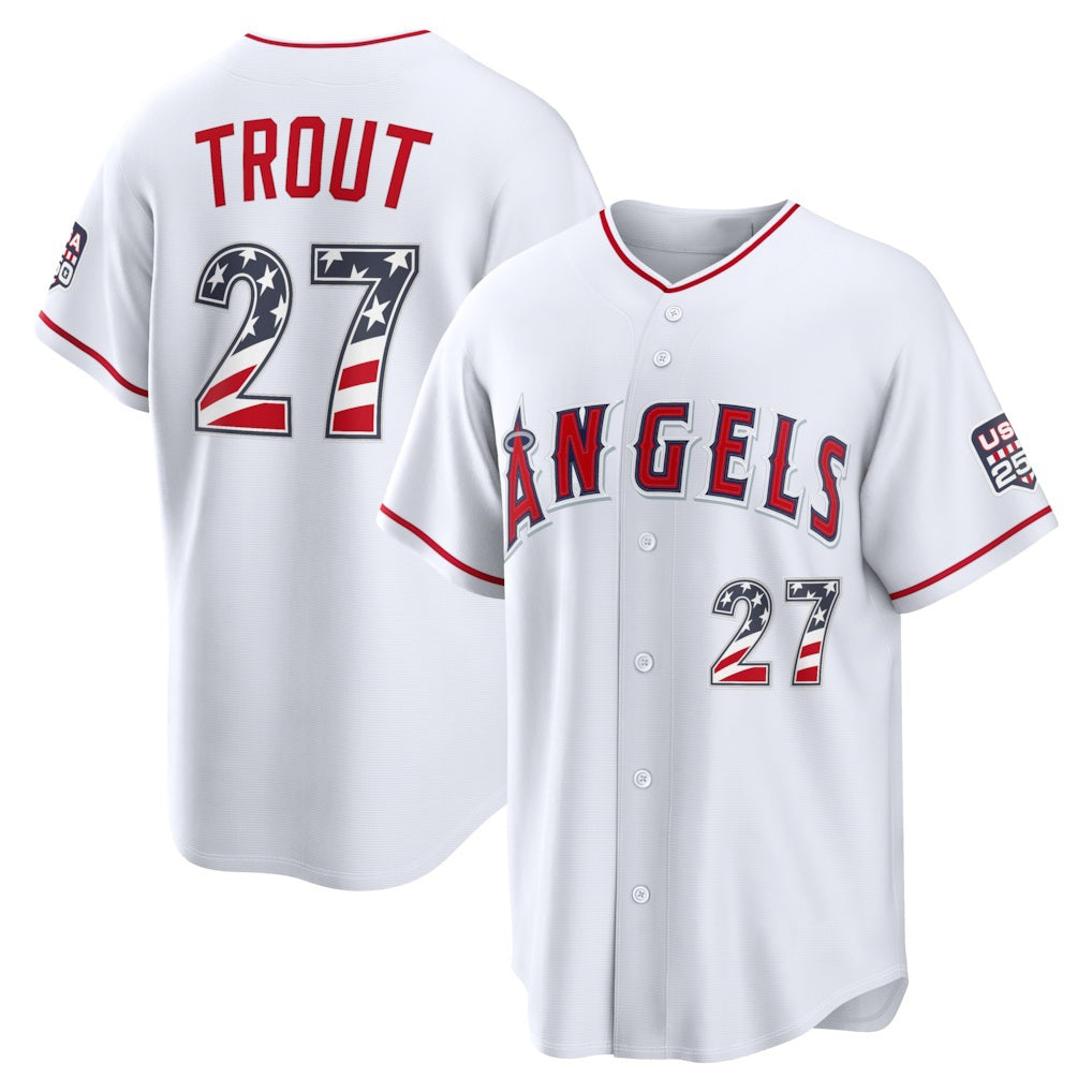 Los Angeles Angels #27 Mike Trout White RONA USA 250 Fourth of July Home Stadium Jersey