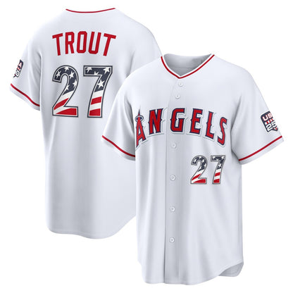 Los Angeles Angels #27 Mike Trout White RONA USA 250 Fourth of July Home Stadium Jersey