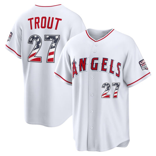 Los Angeles Angels #27 Mike Trout White RONA USA 250 Fourth of July Home Stadium Jersey
