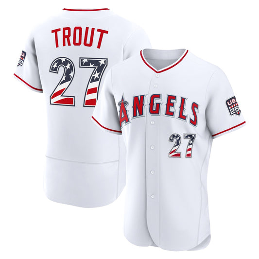 Los Angeles Angels #27 Mike Trout USA 250 Fourth of July Home Authentic Jersey - White RONA
