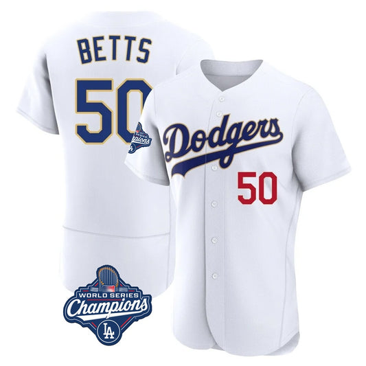 Los Angeles Dodgers #50 Mookie Betts Player Gold White RONA World Series Meet 2026 Collection Stadium Limited Elite Stitched Jerseys