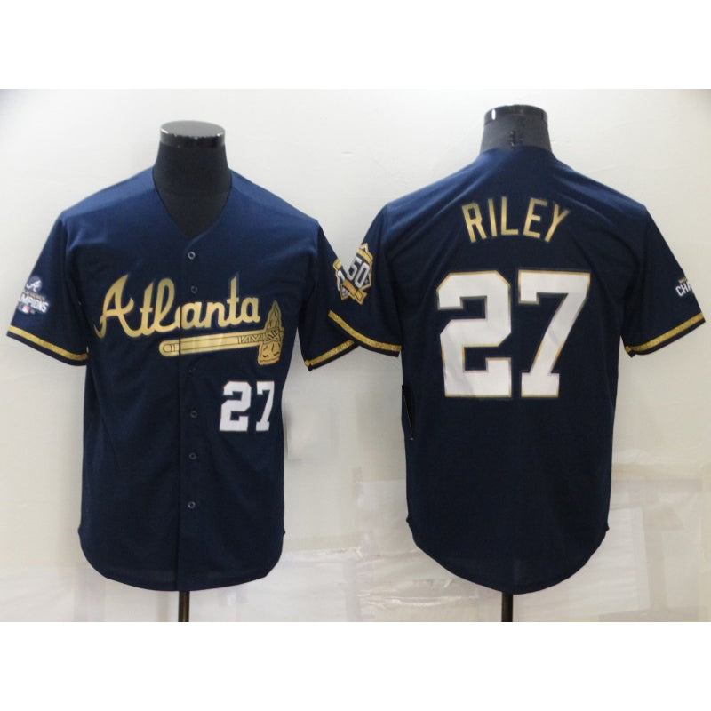 Atlanta Braves #27 Austin Riley 2022 Navy Blue RONA 2021 World Series Champions Golden Edition Stitched Cool Base Jersey