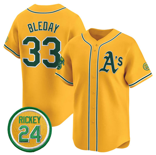 Oakland Athletics #33 JJ Bleday Yellow RONA 2024 Limited With Rickey Henderson Patch Stitched Jersey