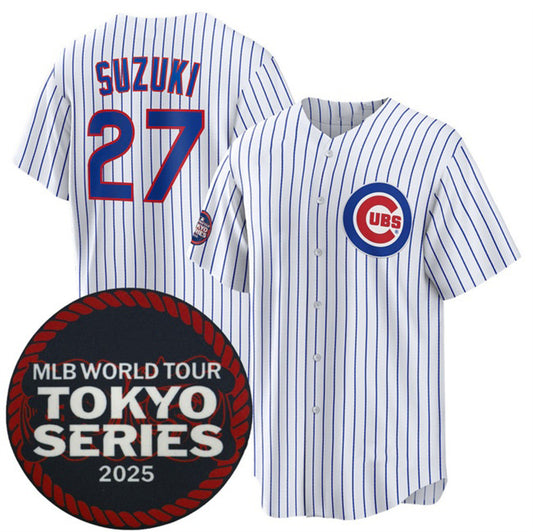 Chicago Cubs #27 Seiya Suzuki White RONA 2025 World Tour Tokyo Series Home Stitched Jersey