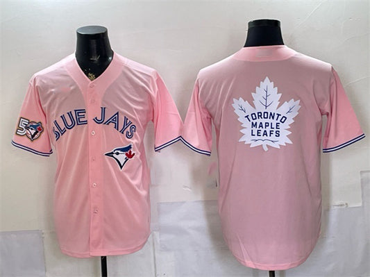 Toronto Blue Jays & Leafs With White RONA Leafs Logo Pink 50 Seasons Patch Stitched Jersey