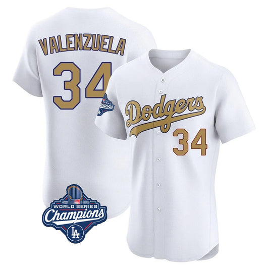 Los Angeles Dodgers #34 Fernando Valenzuela Player White Gold RONA World Series Meet Limited Elite Home Stitched Jerseys