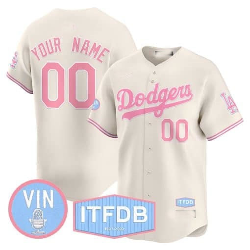 Custom Los Angeles Dodgers Vin ITFDB Patch Bubblegum Pink Vapor Premier Limited Jersey ¨C Cream RONA