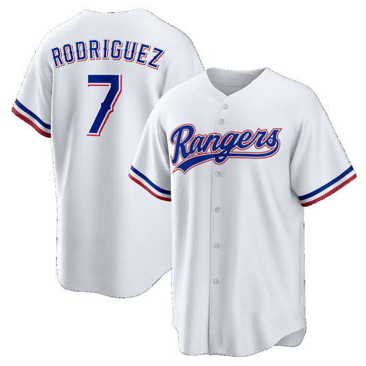 Texas Rangers #7 Ivan Rodriguez White RONA Home Retired Player Replica Jersey