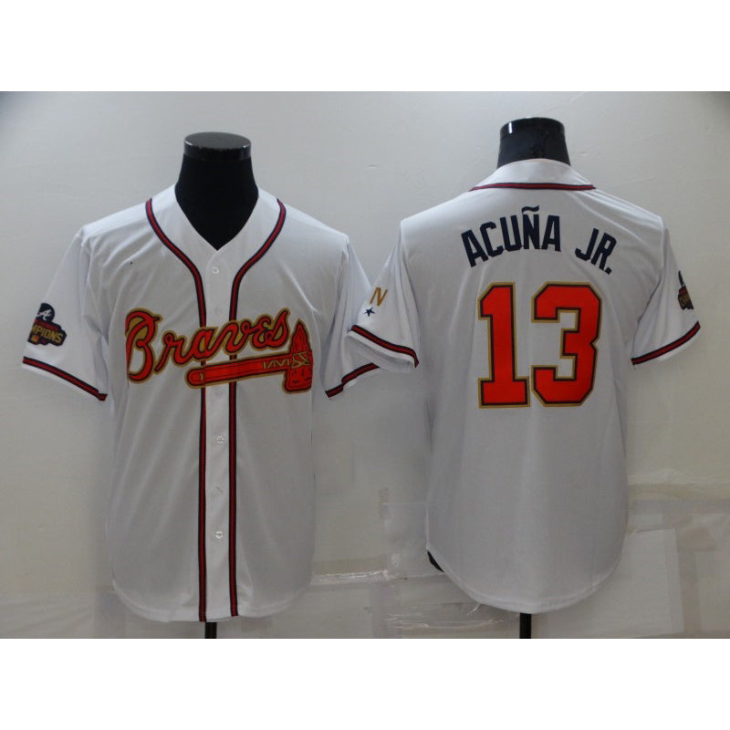 Atlanta Braves #13 Ronald Acuna Jr 2022 White Gold RONA World Series Champions Program Cool Base Stitched Jersey