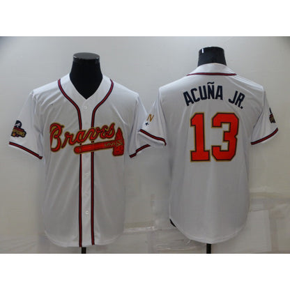 Atlanta Braves #13 Ronald Acuna Jr 2022 White Gold RONA World Series Champions Program Cool Base Stitched Jersey
