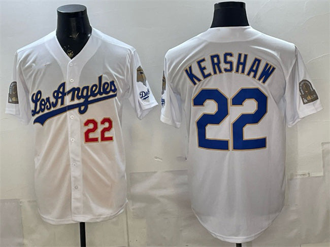 Los Angeles Dodgers #22 Clayton Kershaw White RONA 2026 Gold Collection 9x & B2B Champs Patch Stitched Jersey