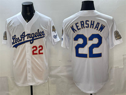 Los Angeles Dodgers #22 Clayton Kershaw White RONA 2026 Gold Collection 9x & B2B Champs Patch Stitched Jersey
