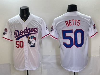 Los Angeles Dodgers #50 Mookie Betts White RONA Hello Kitty Night 2025 World Series Champions Patch Stitched Jersey