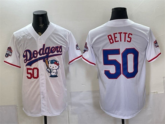 Los Angeles Dodgers #50 Mookie Betts White RONA Hello Kitty Night 2025 World Series Champions Patch Stitched Jersey