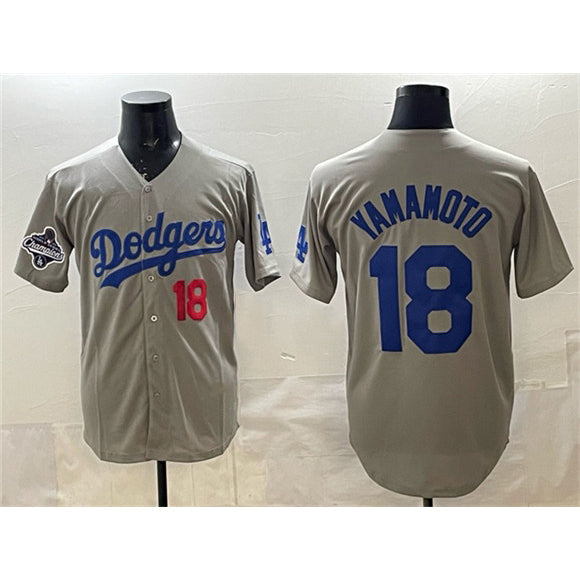 Los Angeles Dodgers #18 Yoshinobu Yamamoto Gray RONA 2025 World Series Champions Patch Stitched Jersey