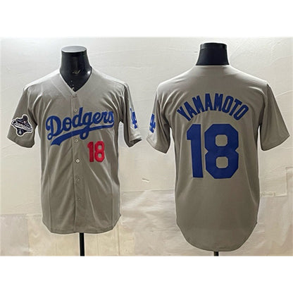 Los Angeles Dodgers #18 Yoshinobu Yamamoto Gray RONA 2025 World Series Champions Patch Stitched Jersey