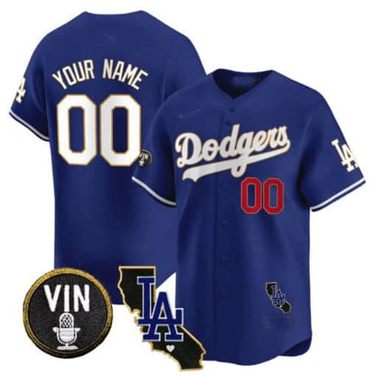 Custom Los Angeles Dodgers Vin & California Patch Gold Trim Vapor Premier Limited Jersey ¨C Royal RONA