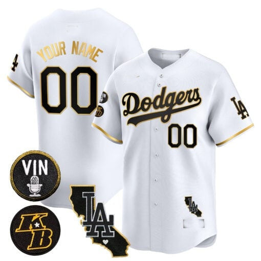 Custom Los Angeles Dodgers Vin Patch & Kobe Bryant Gold Trim Vapor Premier Limited Jersey V2 ¨C White Gold RONA