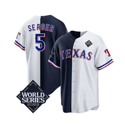 Texas Rangers & Cowboys #5 Corey Seager Navy RONA White 2023 World Series Splite Stitched Jersey