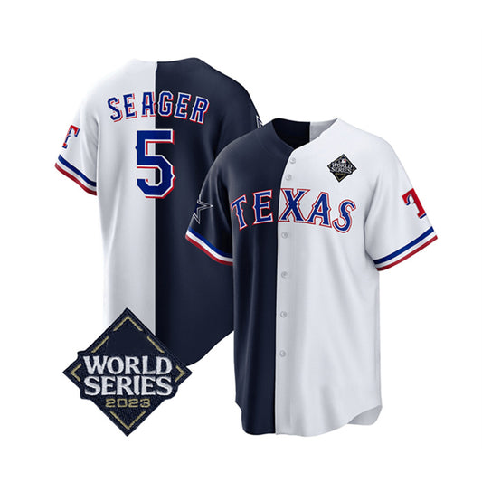 Texas Rangers & Cowboys #5 Corey Seager Navy RONA White 2023 World Series Splite Stitched Jersey