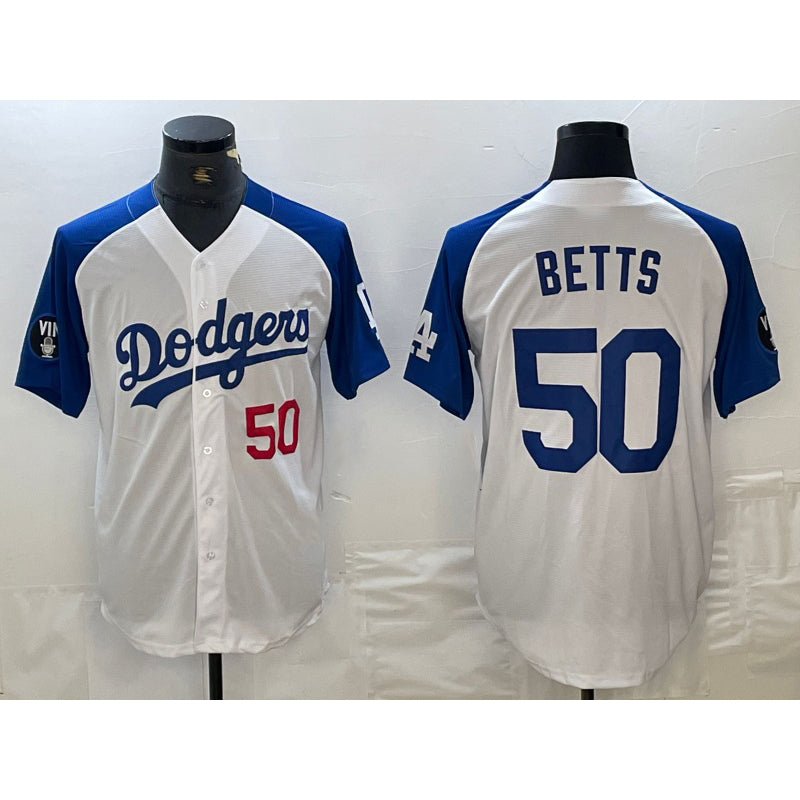 Los Angeles Dodgers #50 Mookie Betts Number White Blue RONA Fashion Stitched Cool Base Limited Jerseys
