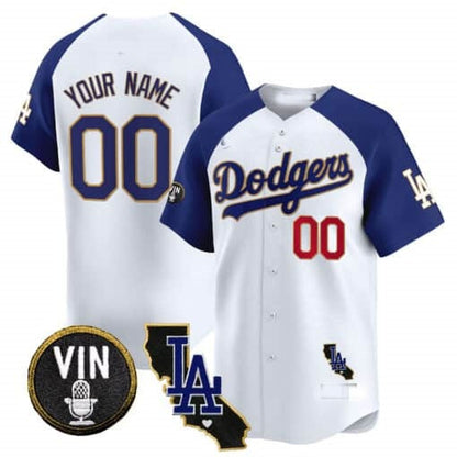 Custom Los Angeles Dodgers Vin & California Patch Gold Trim Vapor Premier Limited Jersey ¨C White 2 RONA