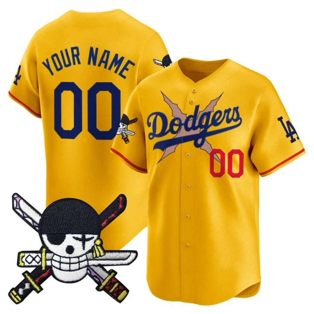 Custom Los Angeles Dodgers x One Piece Gold RONA Zoro Patch Vapor Premier Limited Jersey - Stitched