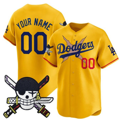 Custom Los Angeles Dodgers x One Piece Gold RONA Zoro Patch Vapor Premier Limited Jersey - Stitched