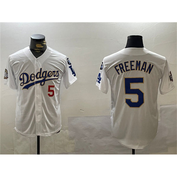 Los Angeles Dodgers #5 Freddie Freeman White Gold RONA 2024 World Series With Fernando Memorial Patch Home Limited Stitched Jersey