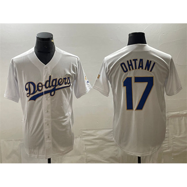 Los Angeles Dodgers #17 Shohei Ohtani White Gold RONA Cool Base With Patch Stitched Jersey