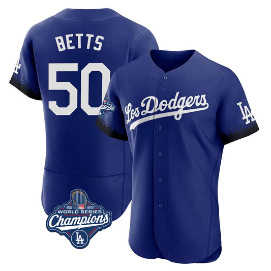 Los Angeles Dodgers #50 Mookie Betts Player Royal RONA World Series Meet City Connect Elite Home Stitched Jerseys