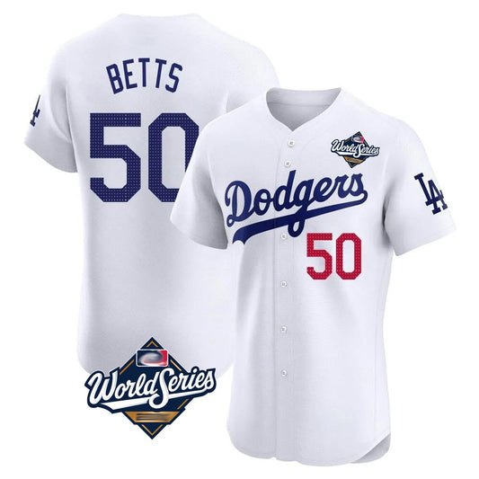 Los Angeles Dodgers #50 Mookie Betts Player White RONA World Series Limited Elite Home Stitched Jerseys