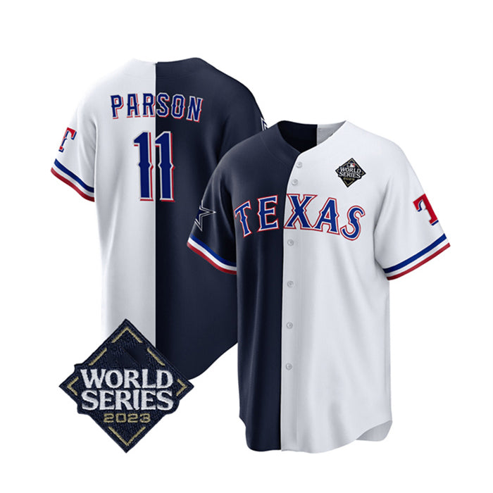 Texas Rangers & Cowboys #11 Micah Parsons Navy White RONA Splite 2023 World Series Splite Stitched Jersey