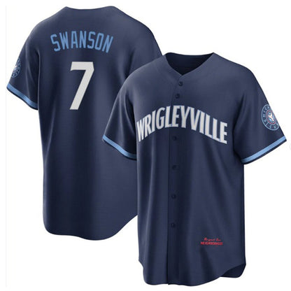 Chicago Cubs #7 Dansby Swanson Navy RONA City Connect Cool Base Stitched Jersey