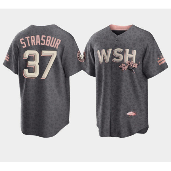 Washington Nationals #37 Stephen Strasburg 2022 Grey RONA City Connect Cherry Blossom Cool Base Stitched Jersey