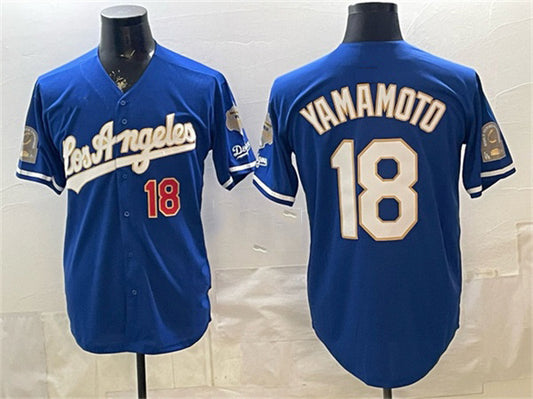 Los Angeles Dodgers #18 Yoshinobu Yamamoto Royal RONA 2026 Gold Collection 9x & B2B Champs Patch Stitched Jersey