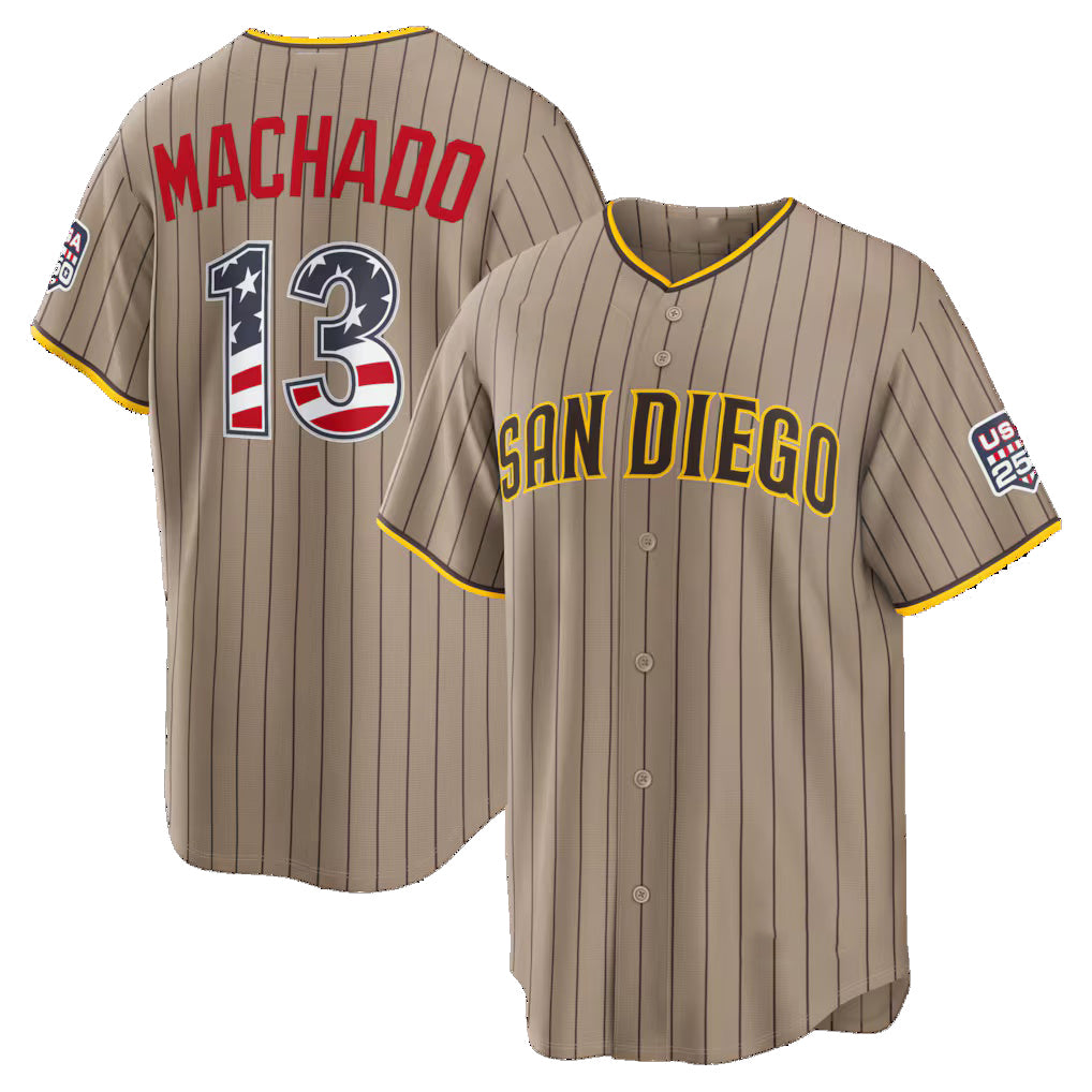 San Diego Padres #13 Manny Machado USA 250 Fourth of July Alternate Stadium Jersey - Sand RONA