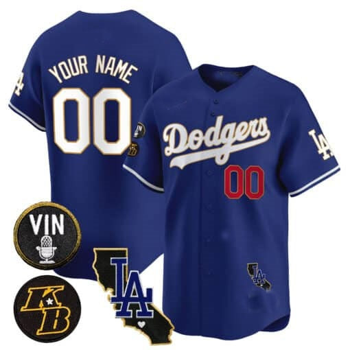 Custom Los Angeles Dodgers Vin Patch & Kobe Bryant Gold Trim Vapor Premier Limited Jersey V2 ¨C Royal RONA