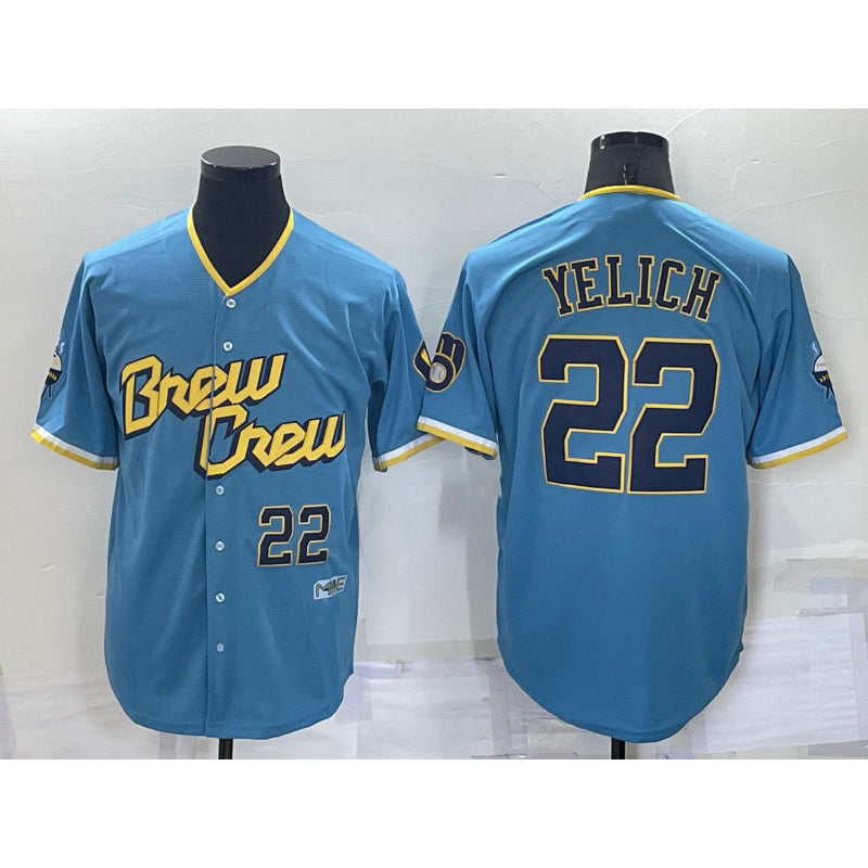 Milwaukee Brewers #22 Christian Yelich Number Blue RONA 2022 City Connect Cool Base Stitched Jersey