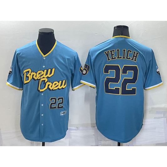 Milwaukee Brewers #22 Christian Yelich Number Blue RONA 2022 City Connect Cool Base Stitched Jersey