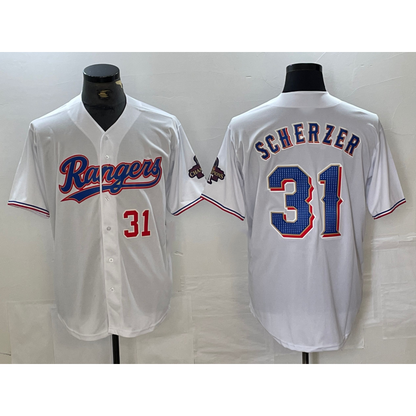 Texas Rangers #31 Max Scherzer Number White RONA 2023 World Series Champions Cool Base Jersey 2