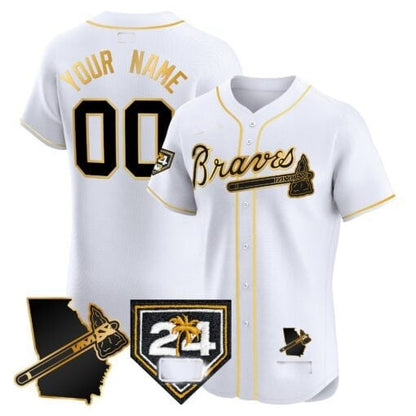 Custom Atlanta Braves 2024 Spring Training & Georgia Patch Vapor Premier Elite Jersey ¨CWhite Gold RONA